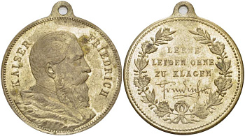 ПРУССИЯ МЕДАЛЬ 1888 В ПАМЯТЬ О ПРАВЛЕНИИ КОРОЛЯ ФРИДРИХА, С УШКОМ ДЛЯ НОШЕНИЯ, ДИАМЕТР 38 ММ. белый металл 4527-632