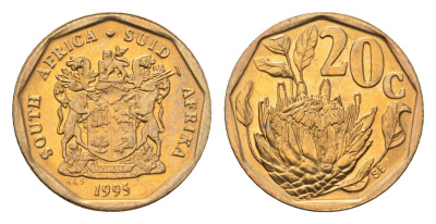 ЮАР 20 центов 1995 герб, цветок протея KM 136 сталь плакированная бронзой UNC 4694-843