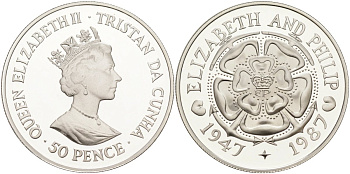 Тристан-да-Кунья 50 пенсов 1987 40 лет свадьбы Елизаветы II и Филиппа (1947-1987), тираж 2000 экз. KM 7 серебро PROOF 1069-3-11