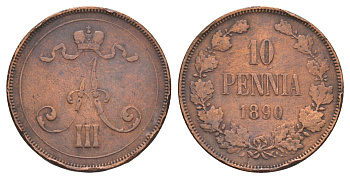 Россия для Финляндии 10 пенни 1890 Александр III (1881-1894) Биткин 243 R медь 1530-724