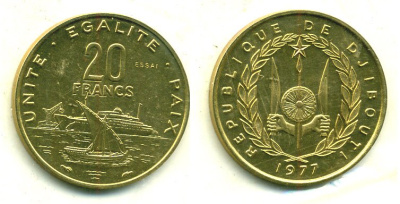 Джибути 20 франков 1977 PROBA, ESSAI, в оригинальной упаковке KM E5 алюминиевая бронза UNC 5010-434