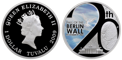 Тувалу 1 доллар 2009 20 лет падения берлинской стены, эмаль серебро PROOF 8-1-05-03