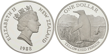 Новая Зеландия 1 доллар 1988 желтоглазый пингвин, Елизавета II (1952-2022) KM 66 a серебро PROOF 3-4-6-23