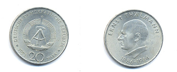 ГДР 20 марок 1971 A, 85 лет со дня рождения Эрнста Тельмана KM 34, J. 1535 медно-никель 3333-636