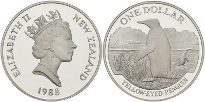 Новая Зеландия 1 доллар 1988 желтоглазый пингвин, Елизавета II (1952-2022) KM 66 a серебро PROOF 3-4-6-23