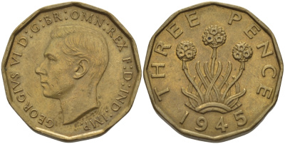 Великобритания 3 пенса 1945 Георг VI (1936-1952) KM 849, Spink 4112 никель латунь 28-313