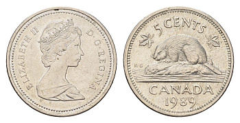 Канада 5 центов 1989 Елизавета II (1952-2022), бобр KM 60.2a медно-никель 4684-631
