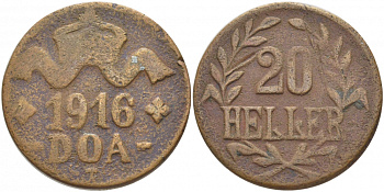 Немецкая Восточная Африка (Танзания) 20 геллеров 1916 T, Ost-Africa, большая корона, первая буква L не полная Jaeger 724 a, KM 15, WK 24 b медь 5010-545