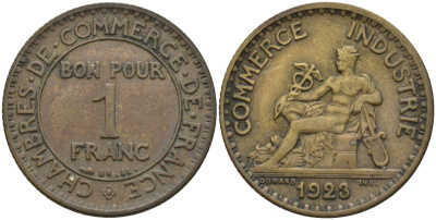 Франция 1 франк 1923 KM 876, Le Franc 218.5 алюминиевая бронза 4142-724