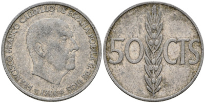 Испания 50 сентимо 1966 (67) Франсиско Франко (1939-1975) KM 795 алюминий 4388-735