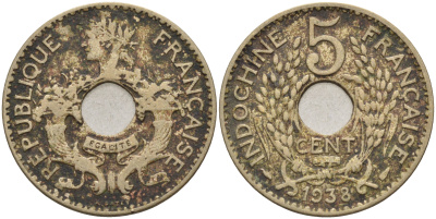 Французский Индокитай 5 центов 1938 а KM 18.1а никель латунь 4589-747