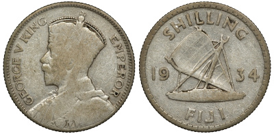 Фиджи 1 шиллинг 1934 Георг V (1910-1936), парусник KM 4 серебро 91-937