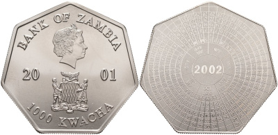 Замбия 1000 квача 2001 календарь, семиугольная KM 74 медно-никель PROOF 1085-8-11