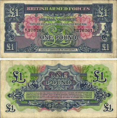 АНГЛИЯ 1 ФУНТ 1946 ПЕРВАЯ СЕРИЯ, ДЛЯ ВООРУЖЕННЫХ СИЛ, СПЕЦИАЛЬНЫЙ ВАУЧЕР Pick M15a бумага XF- 7218-17-3