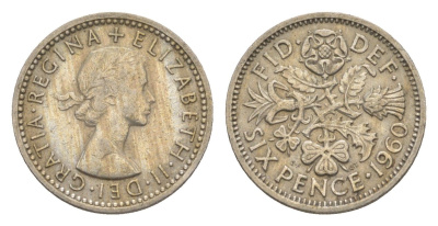Великобритания 6 пенсов 1960 Елизавета II (1952-2022) KM 903, Spink 4149 медно-никель 4649-616