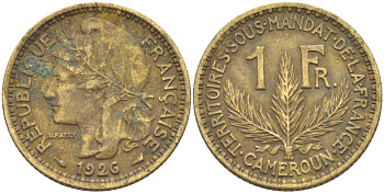 Французский Камерун 1 франк 1926 (а), монетный двор Париж KM 2 алюминиевая бронза 73-1454