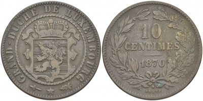 ЛЮКСЕМБУРГ 10 САНТИМОВ 1870 ВИЛЬЯМ III НИДЕРЛАНДСКИЙ (1849-1890) KM 23.1 бронза 4403-1111