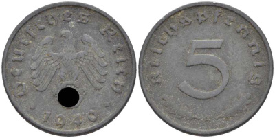 ГЕРМАНИЯ 5 РЕЙХСПФЕННИГОВ 1940 A KM 100, J. 370 цинк 105-225