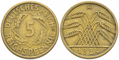 ГЕРМАНИЯ 5 РЕЙХСПФЕННИГОВ 1924 A, KM 39, J. 316 алюминиевая бронза 4532-549