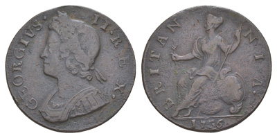 Великобритания 1/2 пенни 1736 Георг II (1727-1760) KM 566, Spink 3717 медь 1526-344