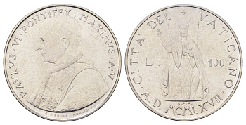 Ватикан 100 лир 1967 MCMLXVII, год-тип KM 98 нержавеющая сталь UNC 4700-634