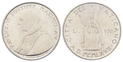 Ватикан 100 лир 1967 MCMLXVII, год-тип KM 98 нержавеющая сталь UNC 4700-634