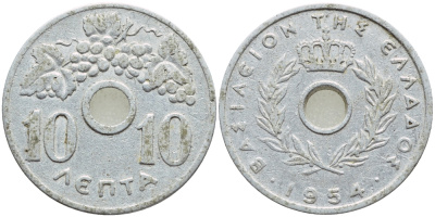 Греция 10 лепта 1954 Павел I (1947-1964), виноградная лоза KM 78 алюминий 4179-531