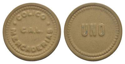 Чили, компании C.A.L. Colico N.D. шахтерский жетон с Селитряного рудника для покупки в местных магазинах, номиналом в 1 песо ND (1910-1920) диаметр 30,5 мм, вес 2,85 гр Rulau.Ant 3, не описан в Espinosa эбонит (охра) 1066-1-41