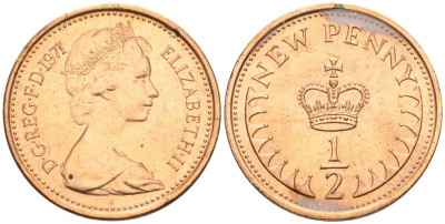 Великобритания 1/2 пенни 1971 Елизавета II (1952-2022), в лаке KM 914, Spink 4239 бронза 92-646