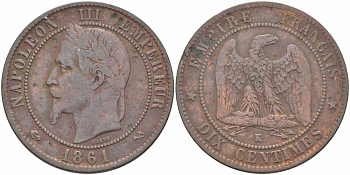 Франция 10 сантимов 1861 K, Наполеон III (1852-1870) KM 798.3, Le Franc 134.4 бронза 4364-4212