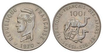 Французские афар и исса 100 франков 1970 KM 19 медно-никель UNC 4127-1924