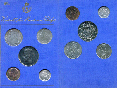 Бельгия набор из 5 монет (25 и 50 сантимов; 1, 5 и 10 франков) 1974 Belgie, в оригинальном буклете мондвора KM SS9 (135.1, 143.1, 149.1, 154.1 и 156.1) UNC 8-2-05-86