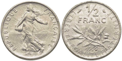 ФРАНЦИЯ 1/2 ФРАНКА 1966 СЕЯТЕЛЬ KM 931.1, LE FRANC 198.5 никель 175-927