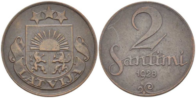 ЛАТВИЯ 2 САНТИМА 1928 ПЕРВАЯ РЕСПУБЛИКА (1918-1939) KM 2 бронза 119-142