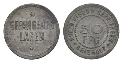 Райсхольц 50 пфеннигов ND тюремный жетон, Rhein. Eisenw. Gebr. Faber Men05 21451.3, Men18 26786.3 цинк 1527-1425