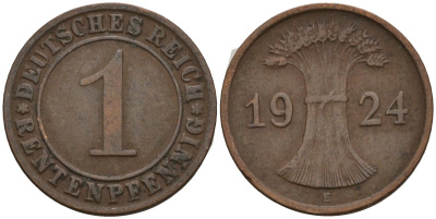 Германия 1 рентенпфенниг 1924 E KM 30, J. 306 бронза 4124-965