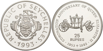 Сейшельские острова 25 рупий 1993 40 лет коронации королевы Елизаветы II (1953-1993), карета, тираж 10000 экз. KM 63 серебро PROOF 1095-10-52