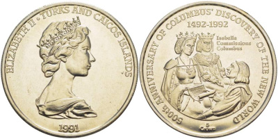 Теркс и Кайкос 5 крон 1991 500 лет открытия Америки, Колумб и королева Изабелла KM 75 медно-никель  UNC 4527-313