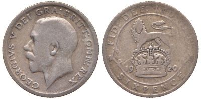 Великобритания 6 пенсов 1920 Георг V (1910-1936), пограничный год KM 815 или 815a.1, Spink 4014 или 4024 серебро серебро 4539-135 4124-717