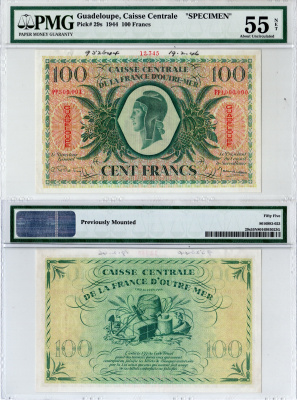 Гваделупа 100 франков 1944 SPECIMEN - образец в слабе PMG 55 (about Uncirculated). Свобода, товары торговли Pick 29 s  бумага  aUNC 452-3-26