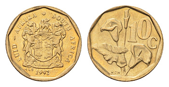 ЮАР 10 центов 1992 герб, цветок алоэ KM 135 сталь плакированная бронзой UNC 4694-645