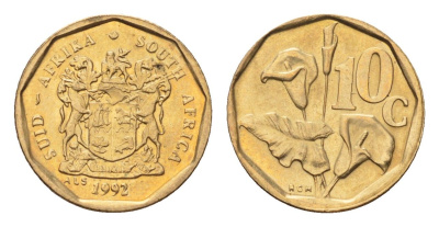 ЮАР 10 центов 1992 герб, цветок алоэ KM 135 сталь плакированная бронзой UNC 4694-645