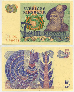Швеция 5 крон 1981 DZ, Густав I Ваза Pick 51d бумага aUNC 444-15-2