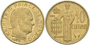 Монако 10 сантимов 1978 Ренье III (1949-2005) KM 142  алюминиевая бронза    4169-315