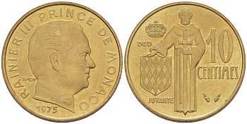Монако 10 сантимов 1975 Ренье III (1949-2005) KM 142 алюминиевая бронза 188-1048