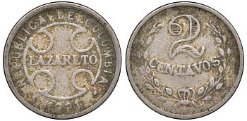 Колумбия 2 сентаво 1921 государственный лепрозорий KM L10 медно-никель 53-1024