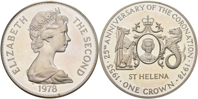Остров Святой Елены 1 крона 1978 PM, 25 лет коронации Королевы Елизаветы II KM 7а серебро PROOF 04-327-35