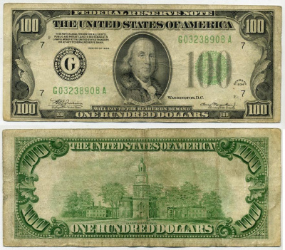 США 100 долларов 1934 G, Чикаго, Бенджамин Франклин Pick 433D бумага 451-220-1