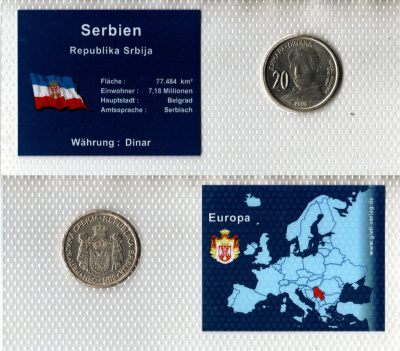 Сербия 20 динаров 2006 150 лет со дня рождения Николы Теслы, в красочной упаковке с информацией о стране KM 42 медь цинк никель UNC 2-6-3-60