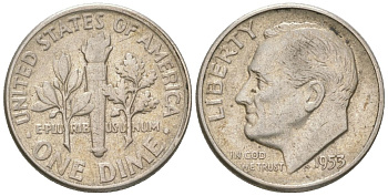США 10 центов (дайм) 1953 президент Рузвельт KM 195 серебро 4564-533